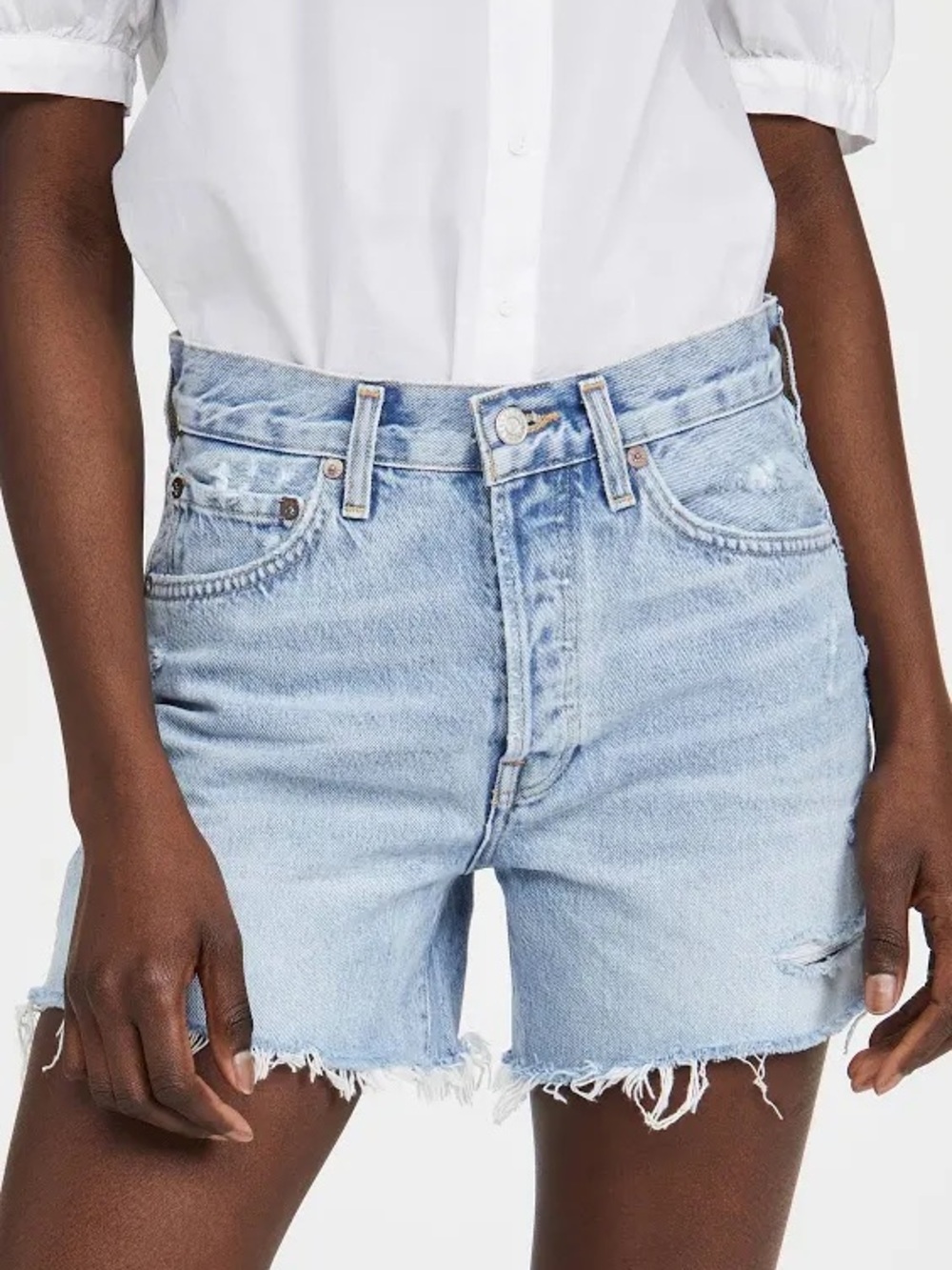 Agolde Light Blue Distressed High-Rise Denim Shorts